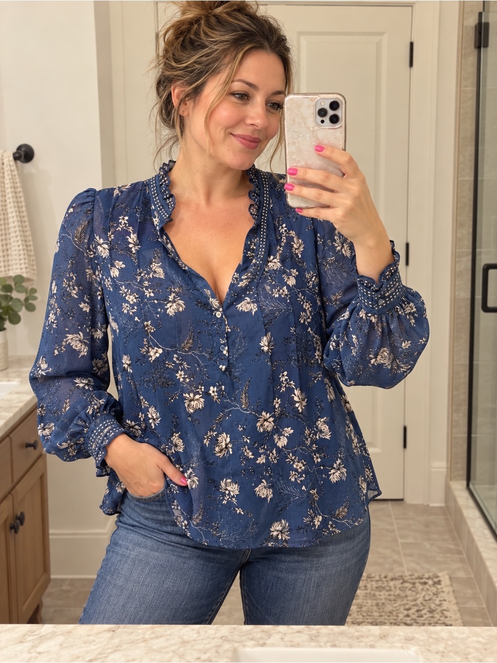 Max Studio Blue floral long sleeve half button blouse large